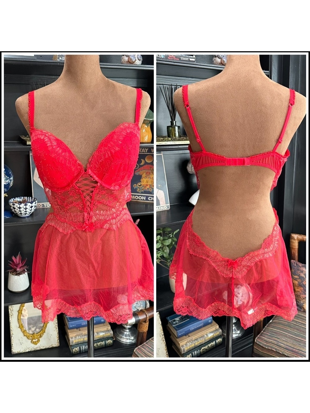 Victoria’s Secret Red Lace Corset Babydoll Style Lingerie– Size 36D